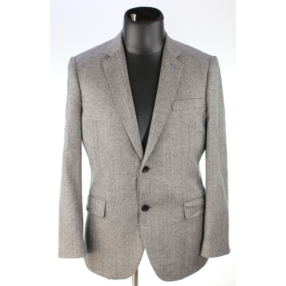 Indochino Men's Blazer Sport Coat Size 40S Herringbone Gray 100% Wool Blue Black